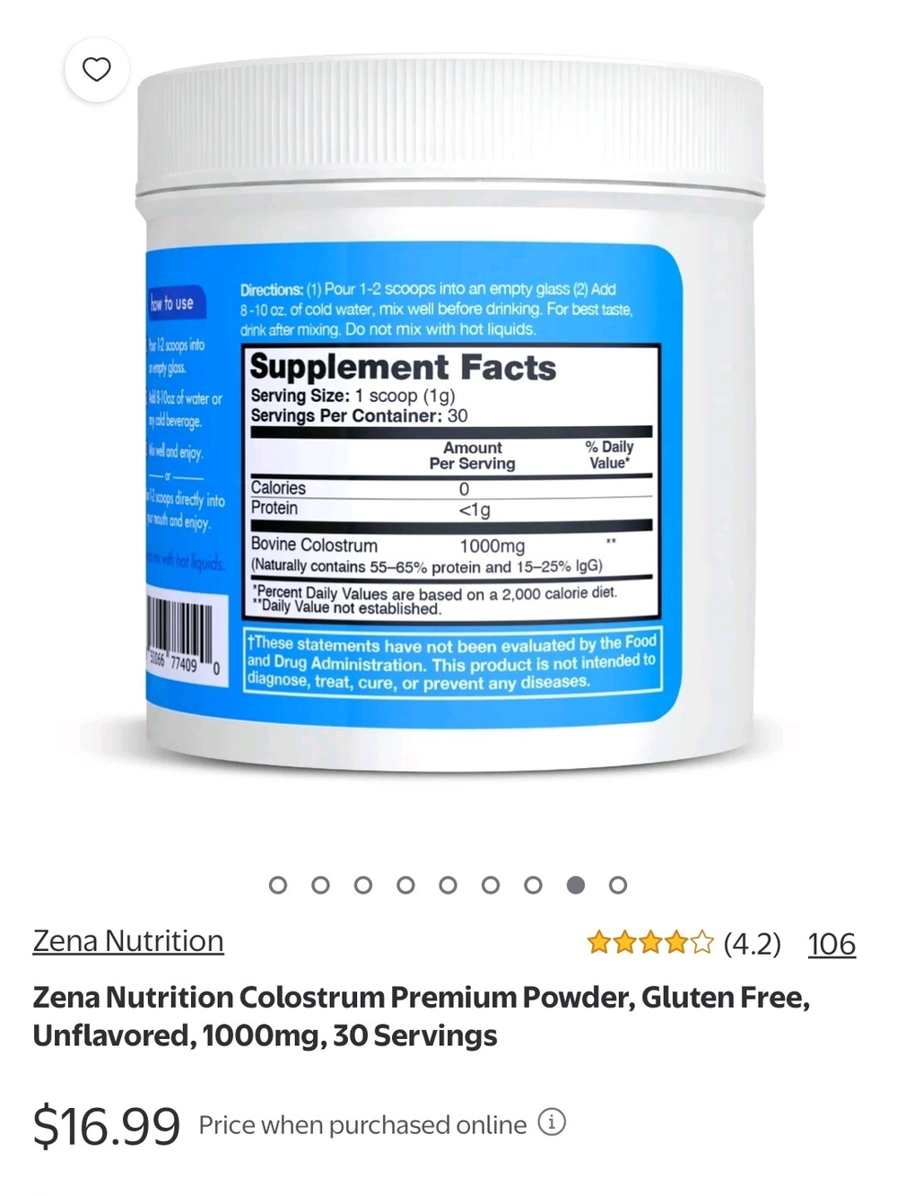 Zena Nutrition Pure Colostrum 1000mg - Blue Tub - Picture 4 of 4